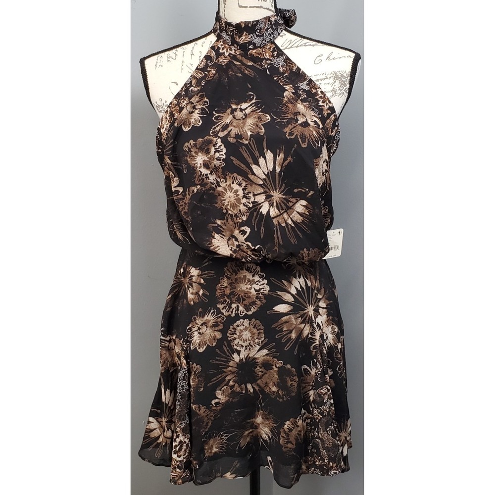 Free People Mini Dress Women XS Multi Floral Print Halter Neck Bohemian Cocktail
